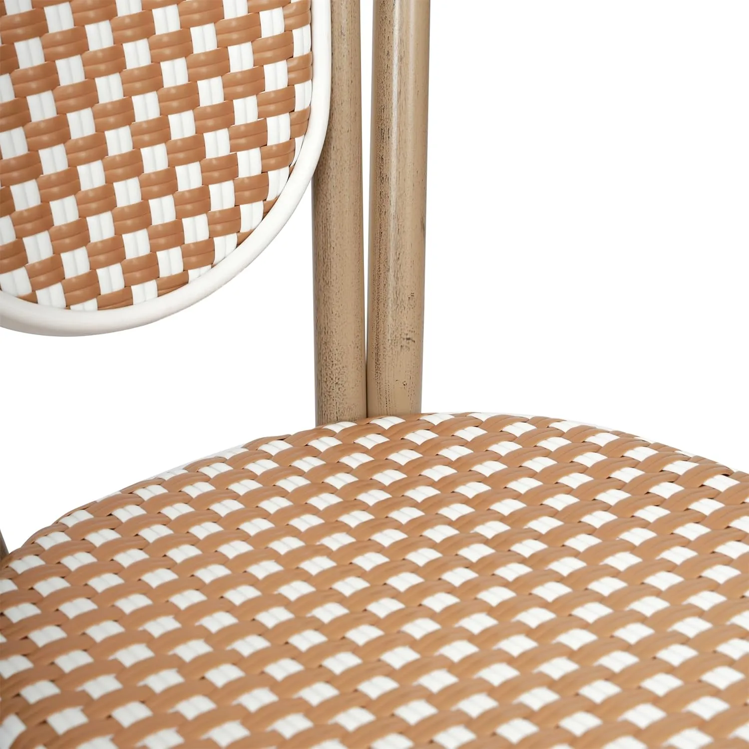 Flash Furniture Lourdes Indoor/Outdoor Commercial Thonet Bistro Stack Chair - NAT/White PE Rattan Back and Seat - Light Natural Bamboo Print Metal Frame - 4 PK
