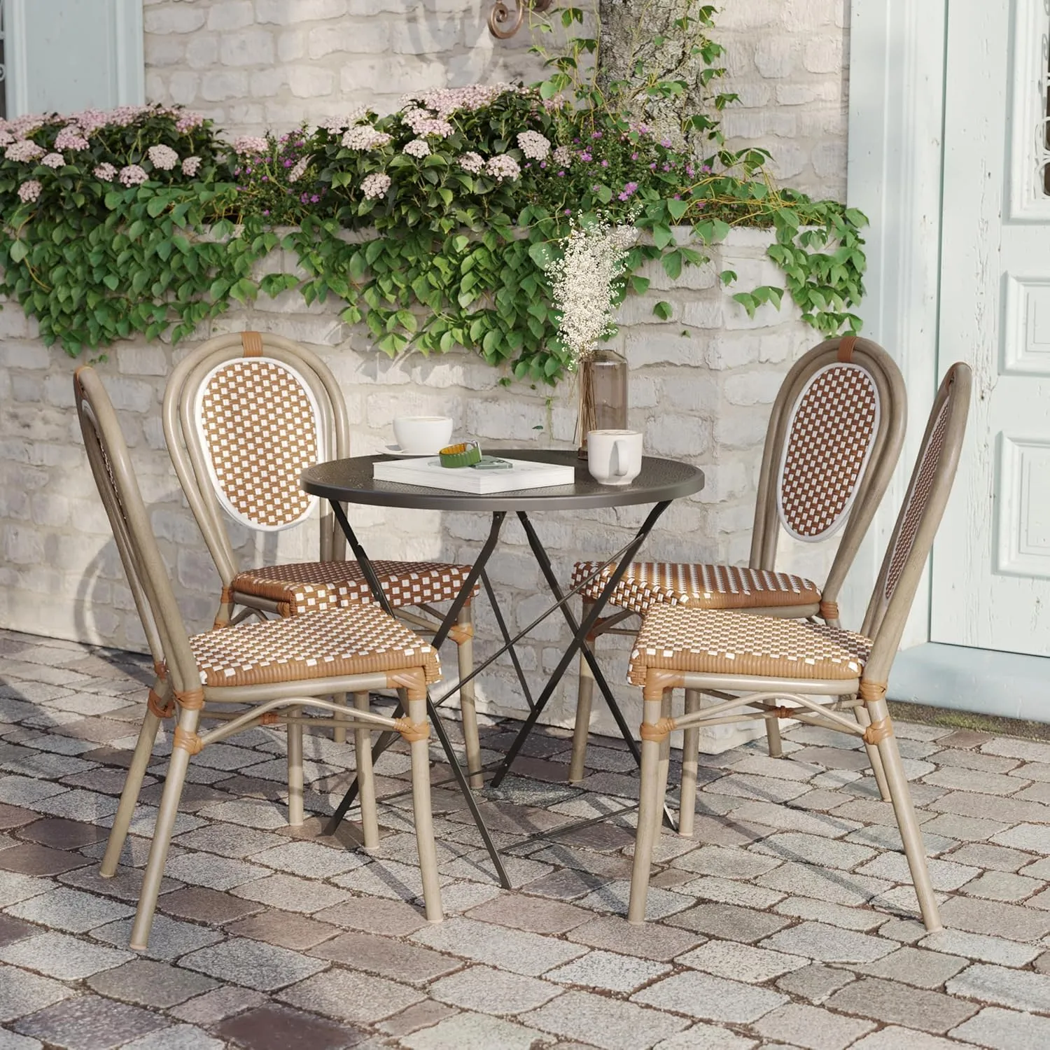 Flash Furniture Lourdes Indoor/Outdoor Commercial Thonet Bistro Stack Chair - NAT/White PE Rattan Back and Seat - Light Natural Bamboo Print Metal Frame - 4 PK