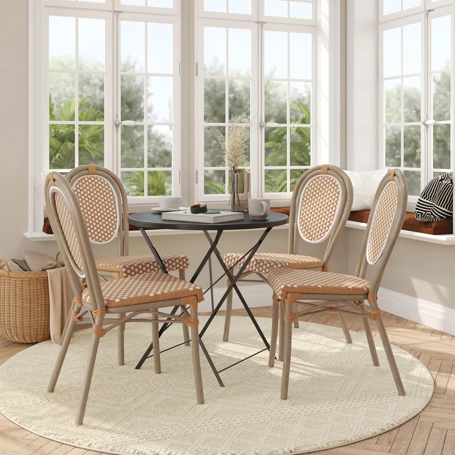Flash Furniture Lourdes Indoor/Outdoor Commercial Thonet Bistro Stack Chair - NAT/White PE Rattan Back and Seat - Light Natural Bamboo Print Metal Frame - 4 PK