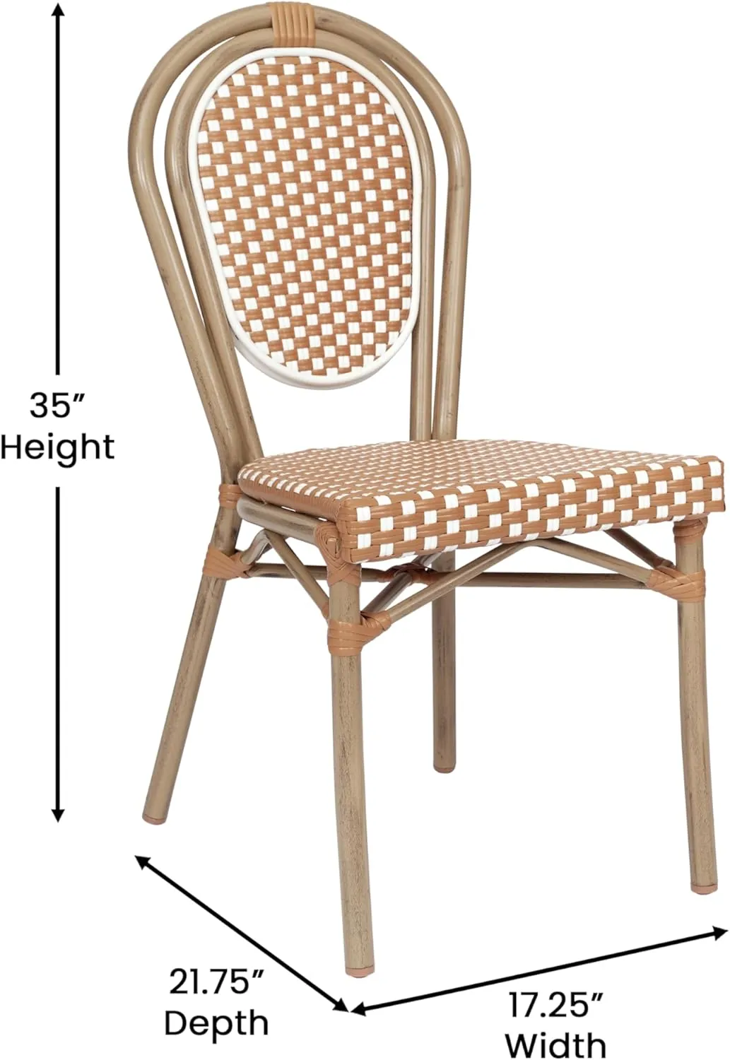 Flash Furniture Lourdes Indoor/Outdoor Commercial Thonet Bistro Stack Chair - NAT/White PE Rattan Back and Seat - Light Natural Bamboo Print Metal Frame - 4 PK
