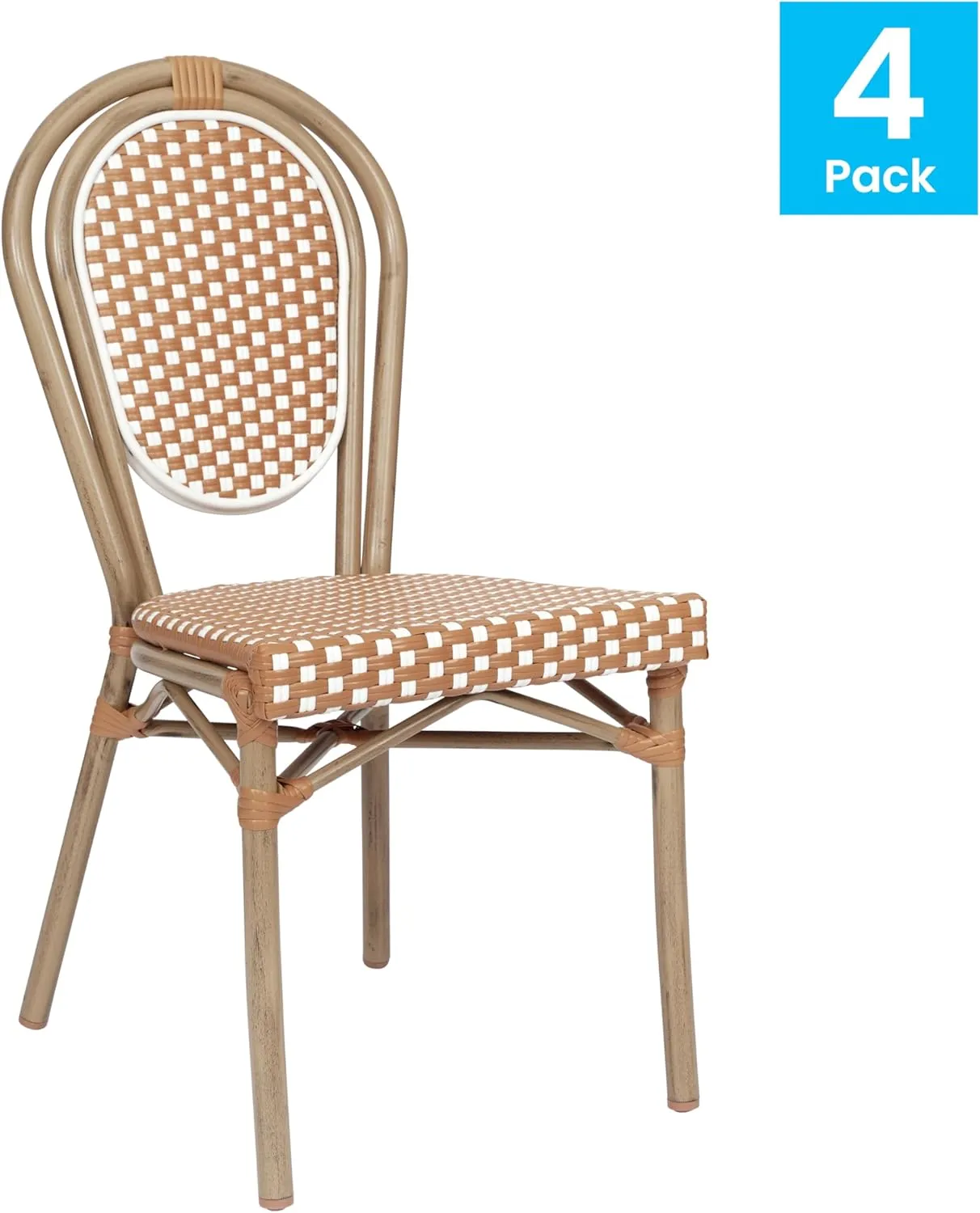 Flash Furniture Lourdes Indoor/Outdoor Commercial Thonet Bistro Stack Chair - NAT/White PE Rattan Back and Seat - Light Natural Bamboo Print Metal Frame - 4 PK