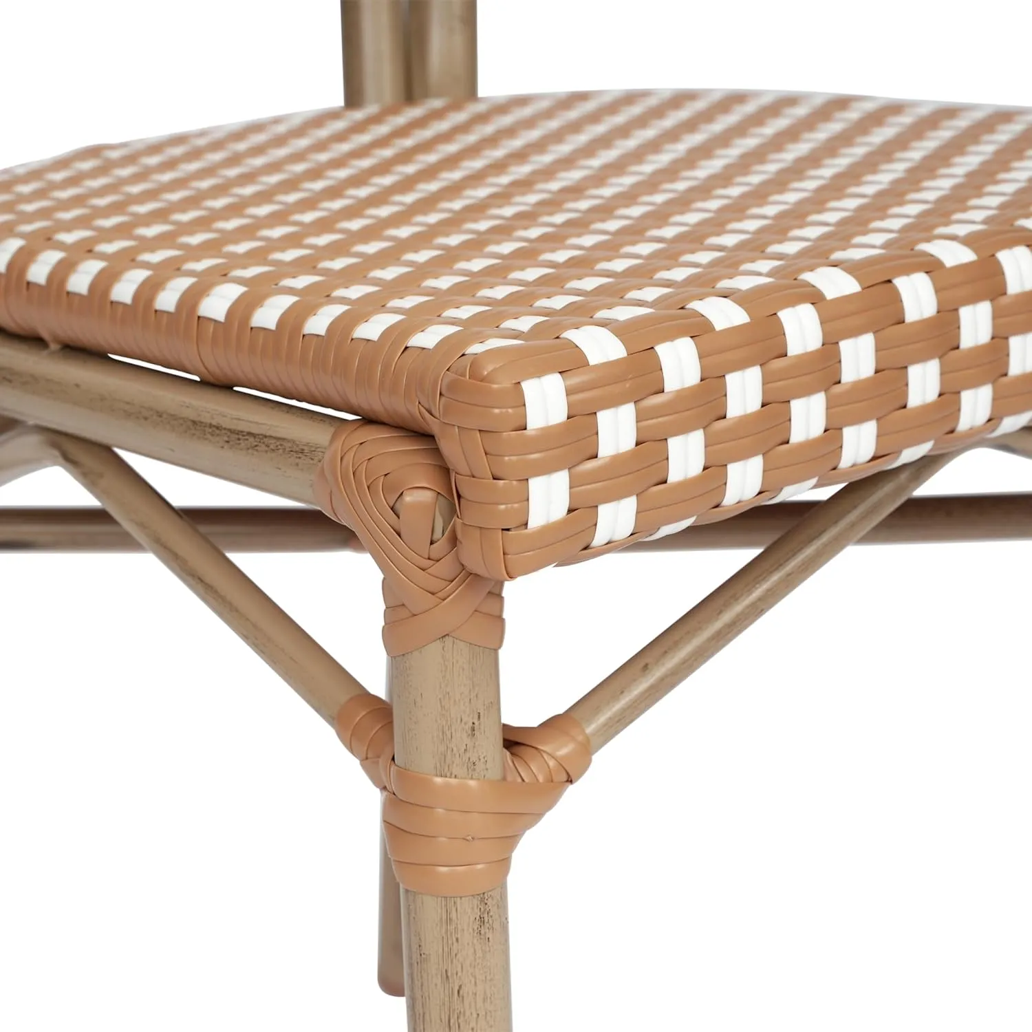 Flash Furniture Lourdes Indoor/Outdoor Commercial Thonet Bistro Stack Chair - NAT/White PE Rattan Back and Seat - Light Natural Bamboo Print Metal Frame - 4 PK