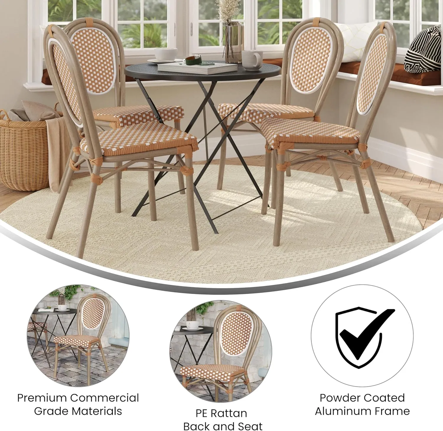 Flash Furniture Lourdes Indoor/Outdoor Commercial Thonet Bistro Stack Chair - NAT/White PE Rattan Back and Seat - Light Natural Bamboo Print Metal Frame - 4 PK