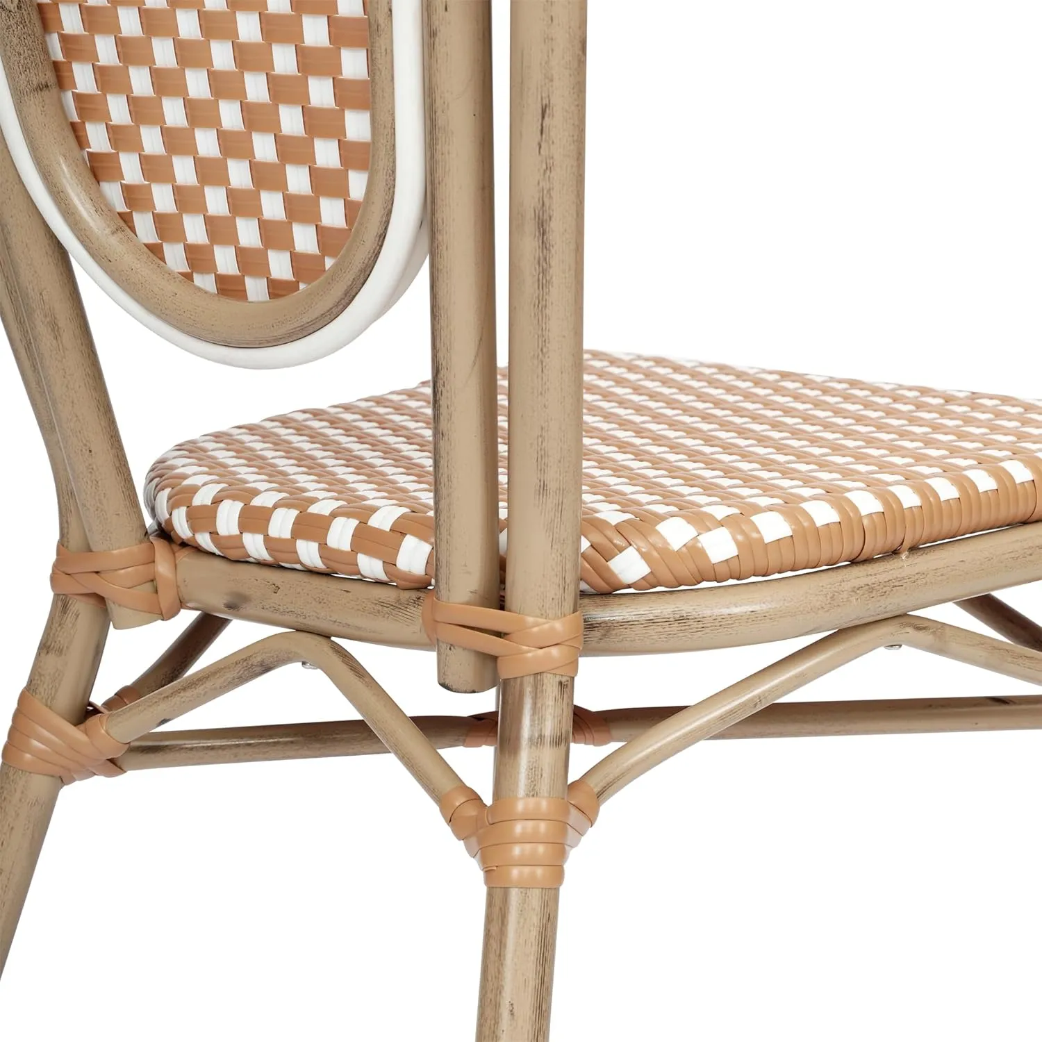 Flash Furniture Lourdes Indoor/Outdoor Commercial Thonet Bistro Stack Chair - NAT/White PE Rattan Back and Seat - Light Natural Bamboo Print Metal Frame - 4 PK