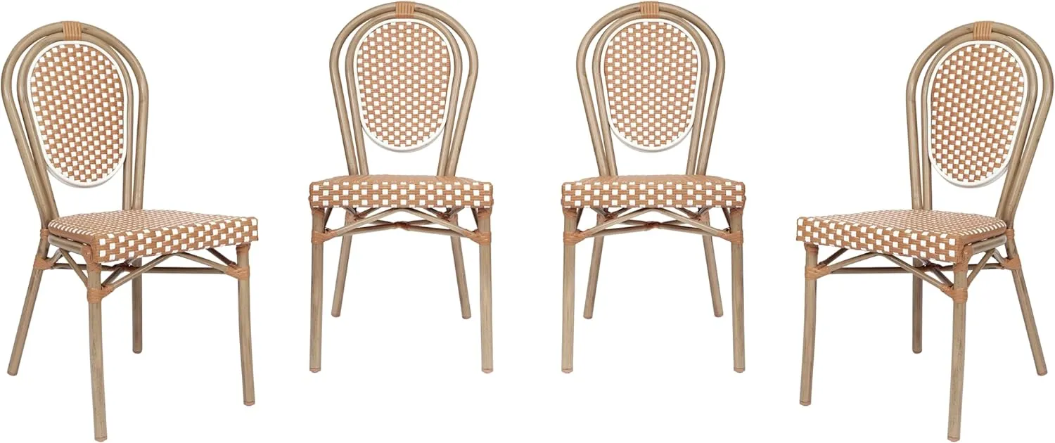 Flash Furniture Lourdes Indoor/Outdoor Commercial Thonet Bistro Stack Chair - NAT/White PE Rattan Back and Seat - Light Natural Bamboo Print Metal Frame - 4 PK