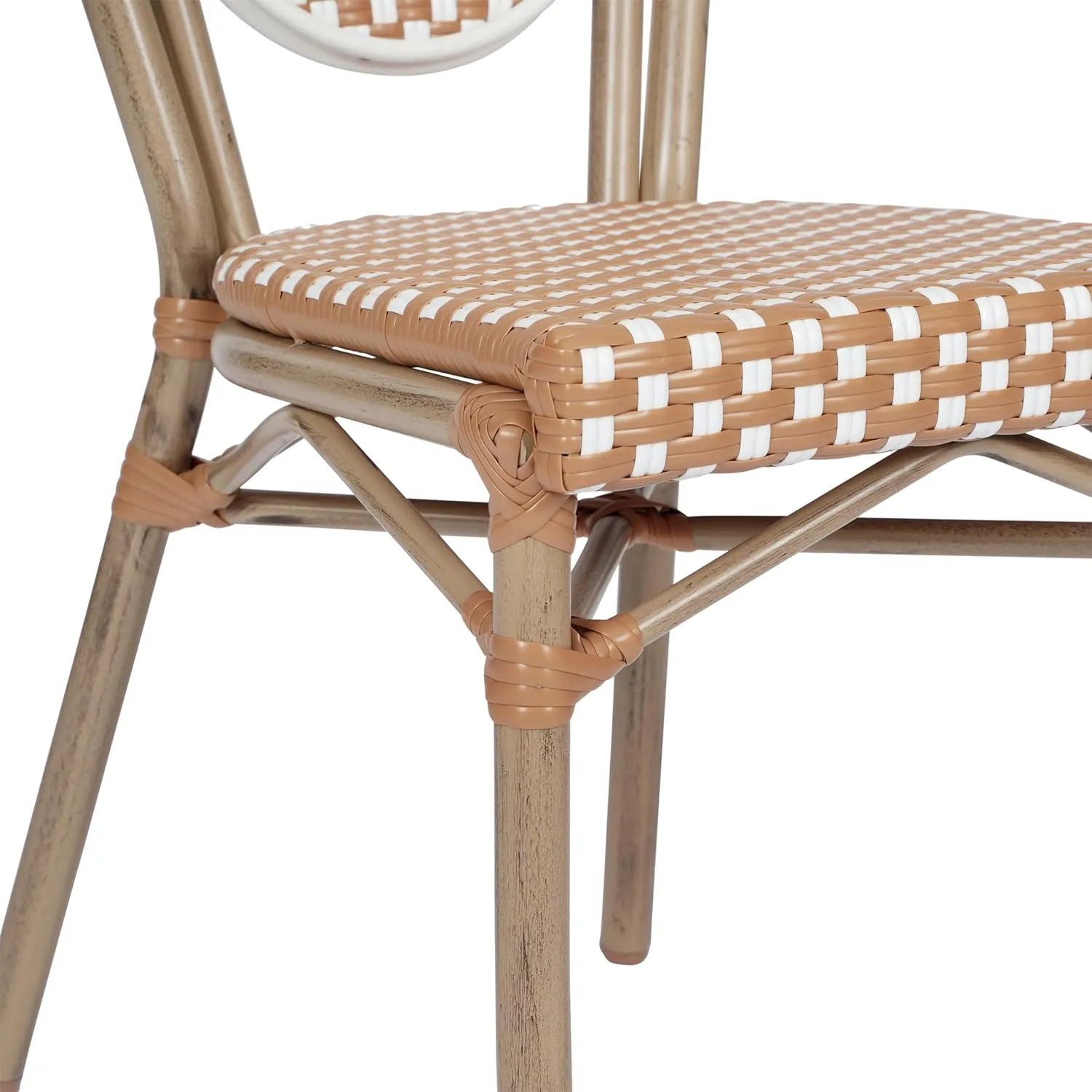 Flash Furniture Lourdes Indoor/Outdoor Commercial Thonet Bistro Stack Chair - NAT/White PE Rattan Back and Seat - Light Natural Bamboo Print Metal Frame - 4 PK
