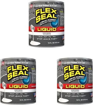 Flex Seal Liquid, 16 oz, White, Liquid Rubber Coating Sealant, Waterproof, Flexible, Breathable, and UV Resistant, Roof Repair, Basements, RV, Campers, Trailers, Marine, EPDM, Masonry (Pack of 3)