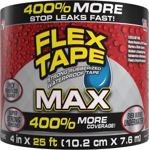Flex Tape, MAX, Original Thick Flexible Rubberized Waterproof Tape - Seal and Patch Leaks, Works Underwater, Indoor Outdoor - Home RV Roof and Pool Repairs, Black, 4 in x 25 ft, Pack of 1