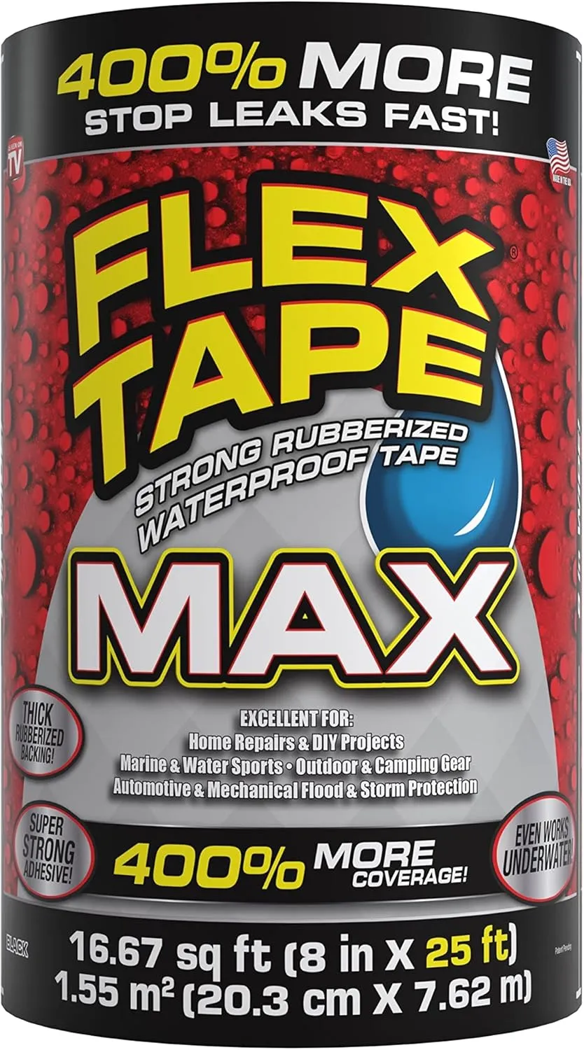 Flex Tape, MAX, Original Thick Flexible Rubberized Waterproof Tape - Seal and Patch Leaks, Works Underwater, Indoor Outdoor - Home RV Roof and Pool Repairs, Black, 8 in x 25 ft, Pack of 1