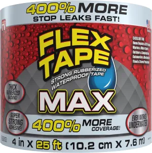 Flex Tape, MAX, Original Thick Flexible Rubberized Waterproof Tape - Seal and Patch Leaks, Works Underwater, Indoor Outdoor - Home RV Roof and Pool Repairs, Clear, 4 in x 25 ft, Pack of 1
