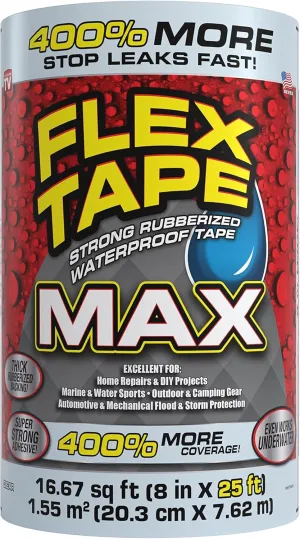 Flex Tape, MAX, Original Thick Flexible Rubberized Waterproof Tape - Seal and Patch Leaks, Works Underwater, Indoor Outdoor - Home RV Roof and Pool Repairs, Clear, 8 in x 25 ft, Pack of 1