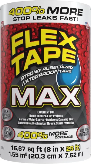 Flex Tape, MAX, Original Thick Flexible Rubberized Waterproof Tape - Seal and Patch Leaks, Works Underwater, Indoor Outdoor - Home RV Roof and Pool Repairs, White, 8 in x 25 ft, Pack of 1