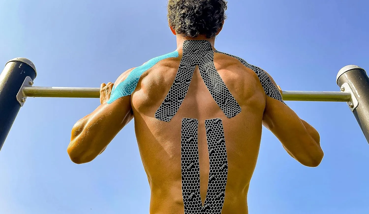 FlexU Kinesiology Tape; 40 Extra-Wide Pre-Cut Y-Shape Strips (3"x10") - Unique Design for Lower Back, Shoulders, Knees, and Neck - Professional-Grade Muscle & Joint Support; Long Lasting (Black)