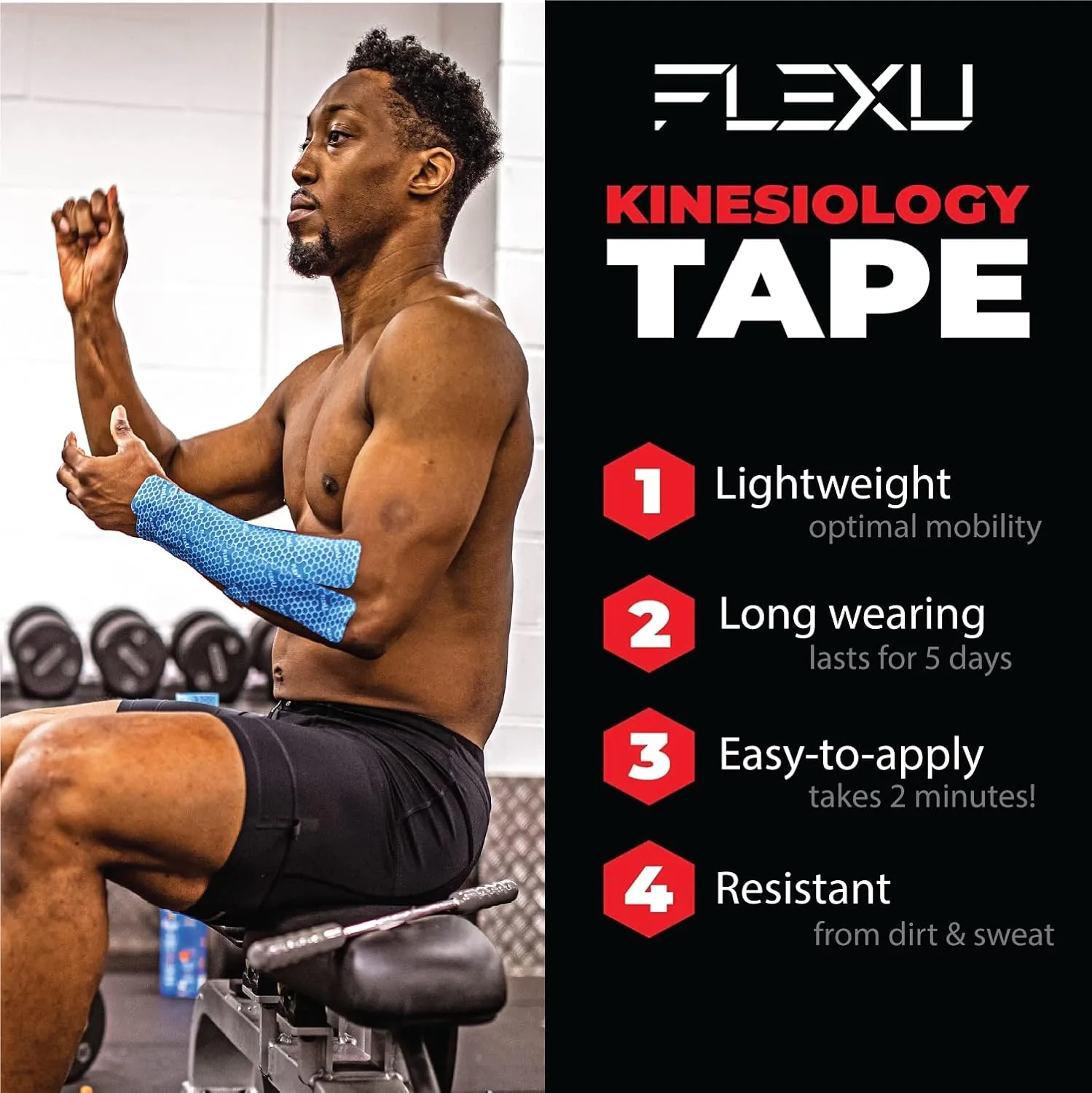 FlexU Kinesiology Tape; Available in Pre-Cut or Continuous Options; Advanced Strength and Flexibility for Enhanced Therapeutic Recovery; Provides Support, Stability, & Pain Relief to Muscles & Joints