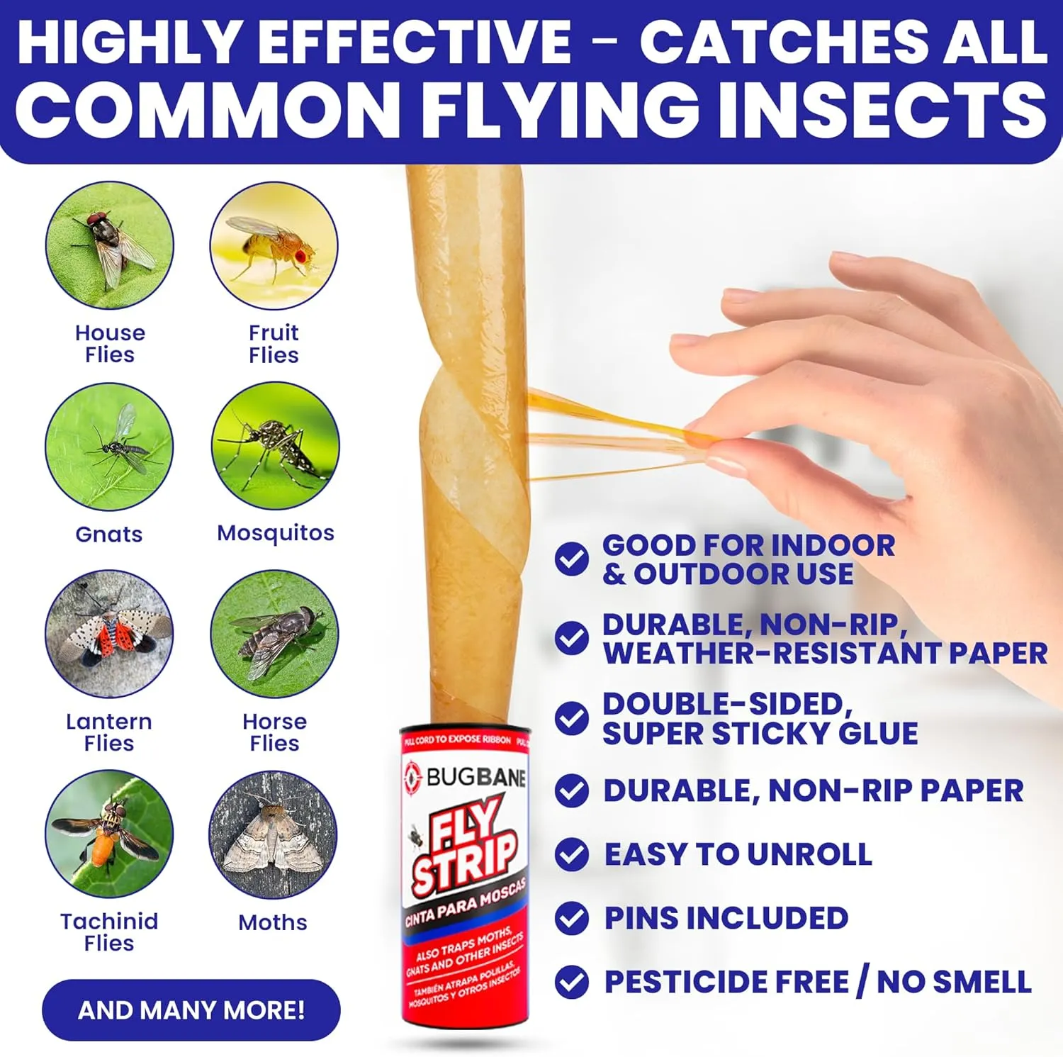 Fly Strips Indoor Sticky Hanging 48pk with Pins. Non Toxic Outdoor Fly Trap Indoor for Home. Flies Tape Paper Trap Ribbon Roll for House Gnat Fruit and Housefly. Bug Catchers for Inside Home Flypaper