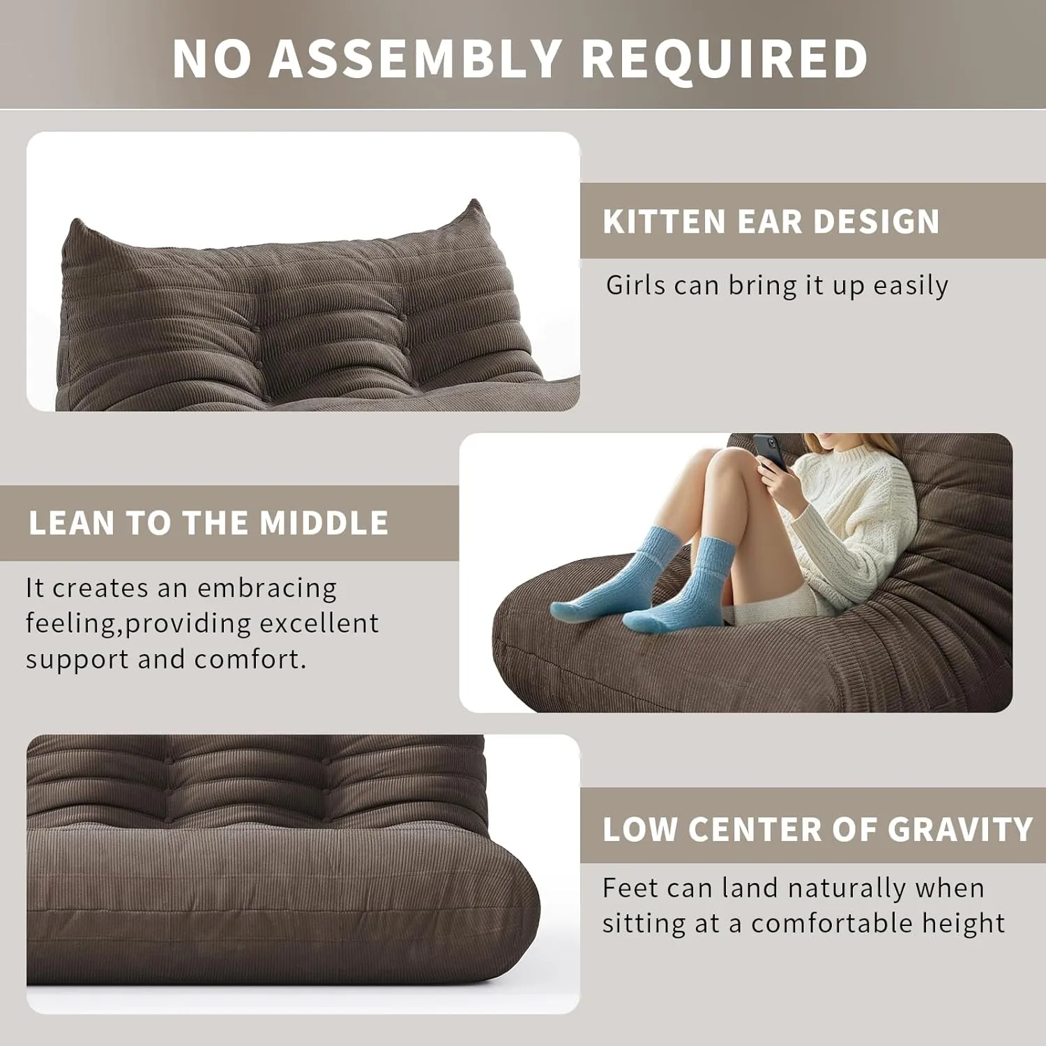 Foam Bean Bag Chairs for Adults, Bean Bag Sofa Sack Corduroy Bean Bag for Living Room Bedroom Dorm Office,Brown