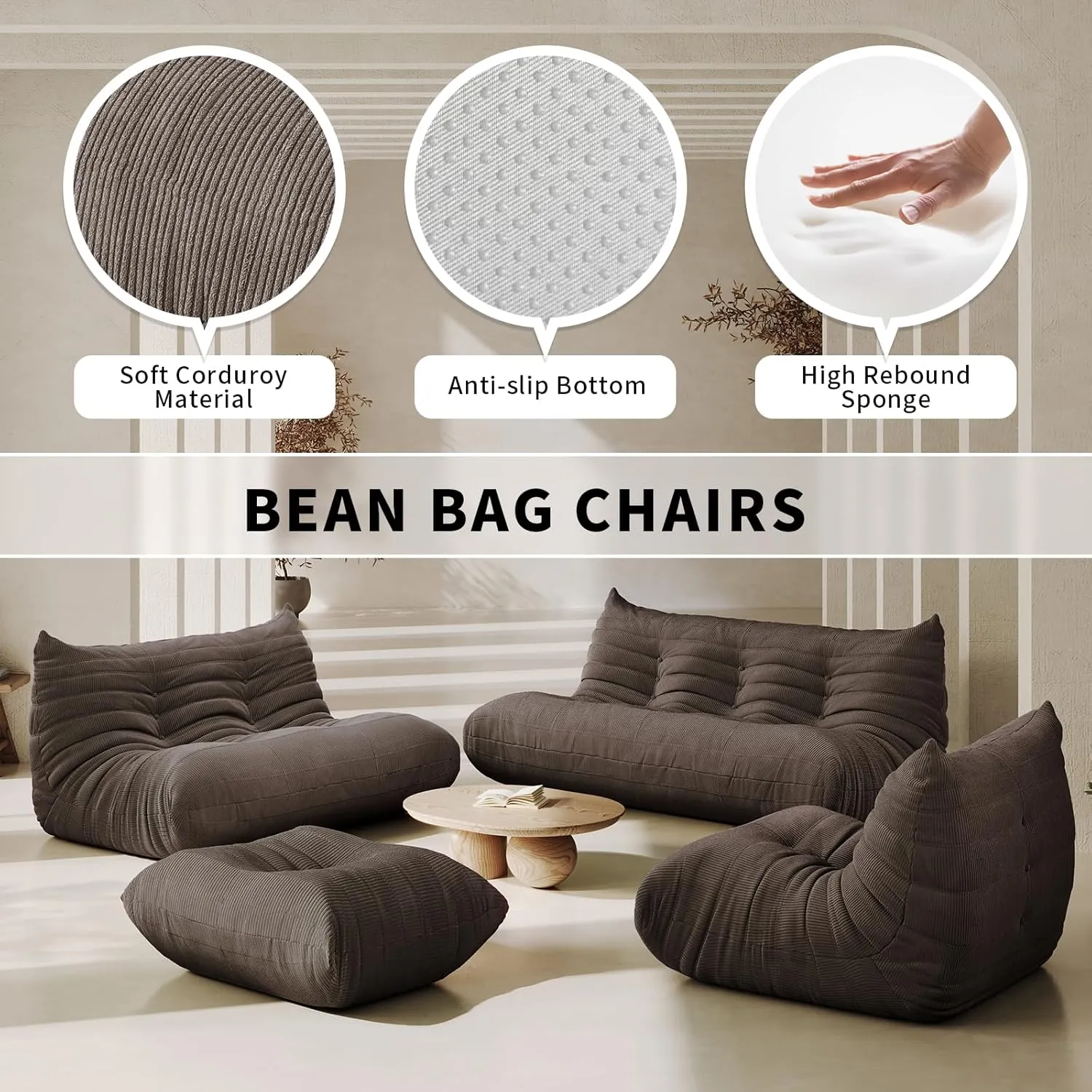 Foam Bean Bag Chairs for Adults, Bean Bag Sofa Sack Corduroy Bean Bag for Living Room Bedroom Dorm Office,Brown