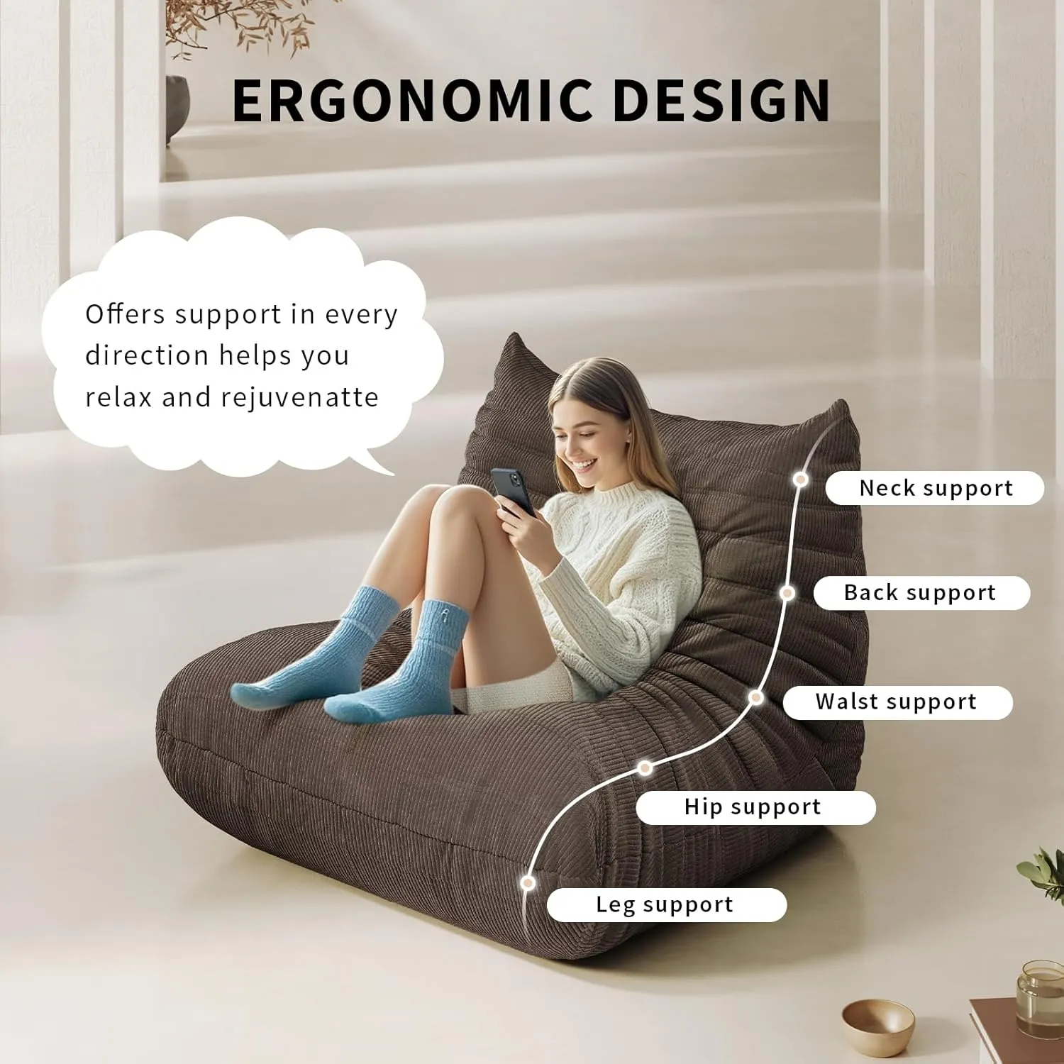 Foam Bean Bag Chairs for Adults, Bean Bag Sofa Sack Corduroy Bean Bag for Living Room Bedroom Dorm Office,Brown