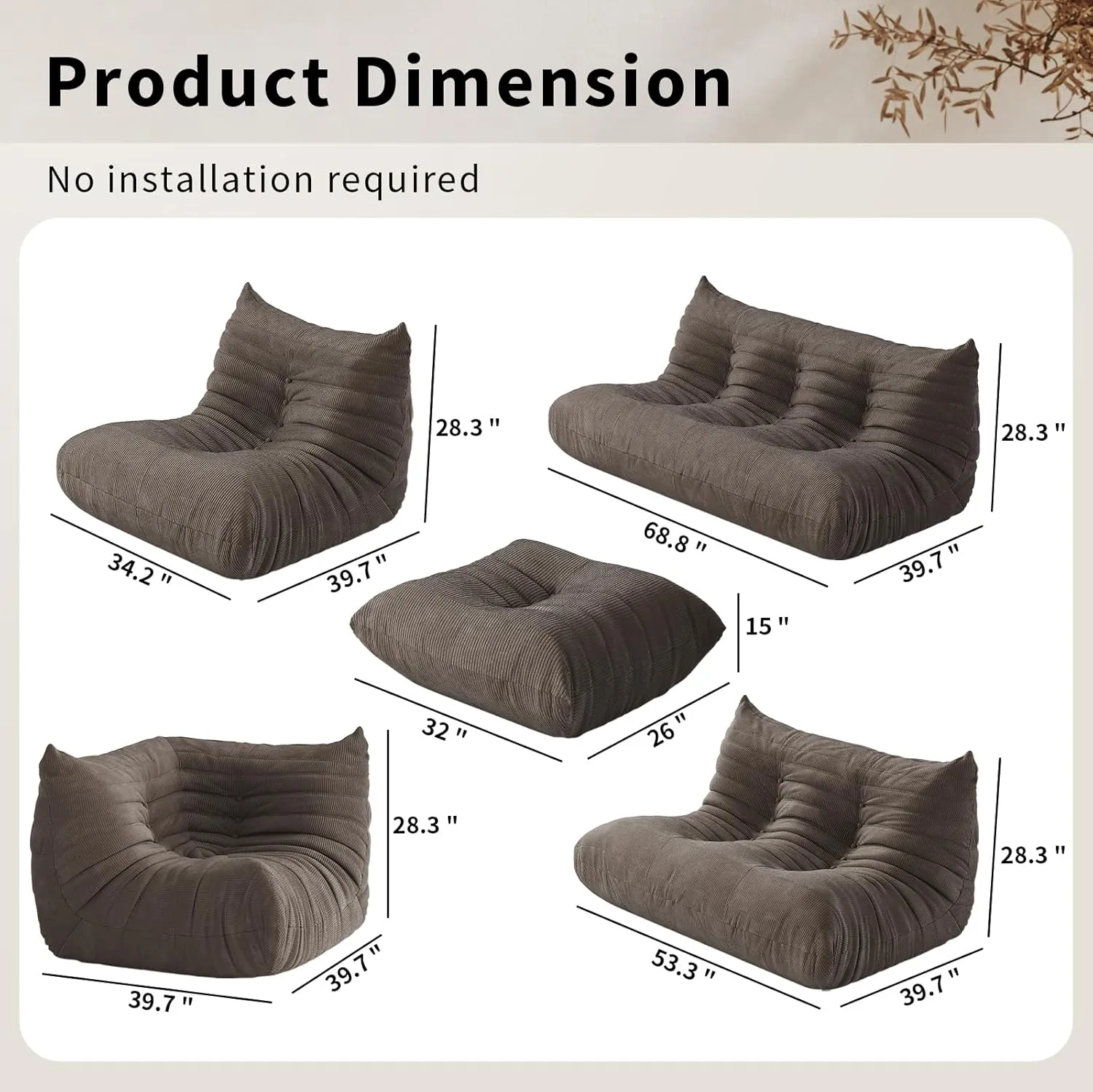 Foam Bean Bag Chairs for Adults, Bean Bag Sofa Sack Corduroy Bean Bag for Living Room Bedroom Dorm Office,Brown