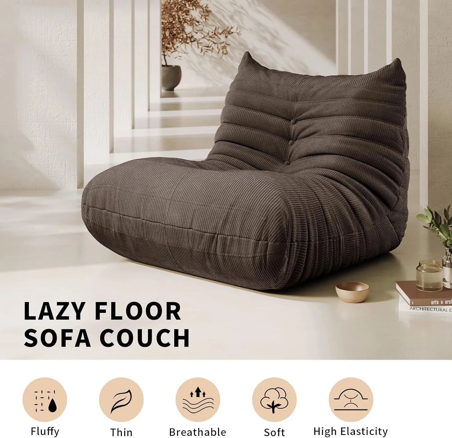 Foam Bean Bag Chairs for Adults, Bean Bag Sofa Sack Corduroy Bean Bag for Living Room Bedroom Dorm Office,Brown
