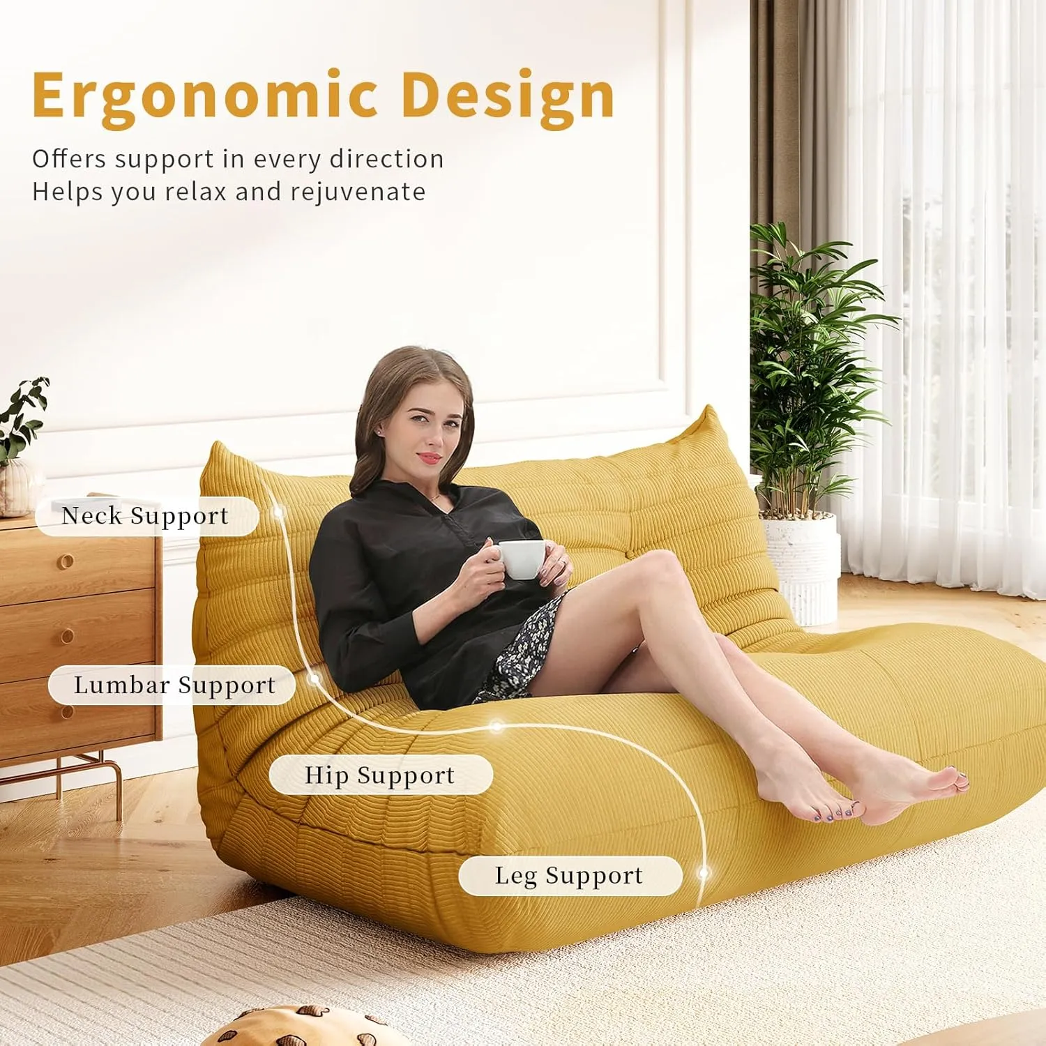 Foam Floor Lazy Couch Bean Bag Chair Sofa Fireside Lounger Couches for Adults Oversize Corduroy Cozy Chair for Home, Apartment and Gaming Venue,Yellow