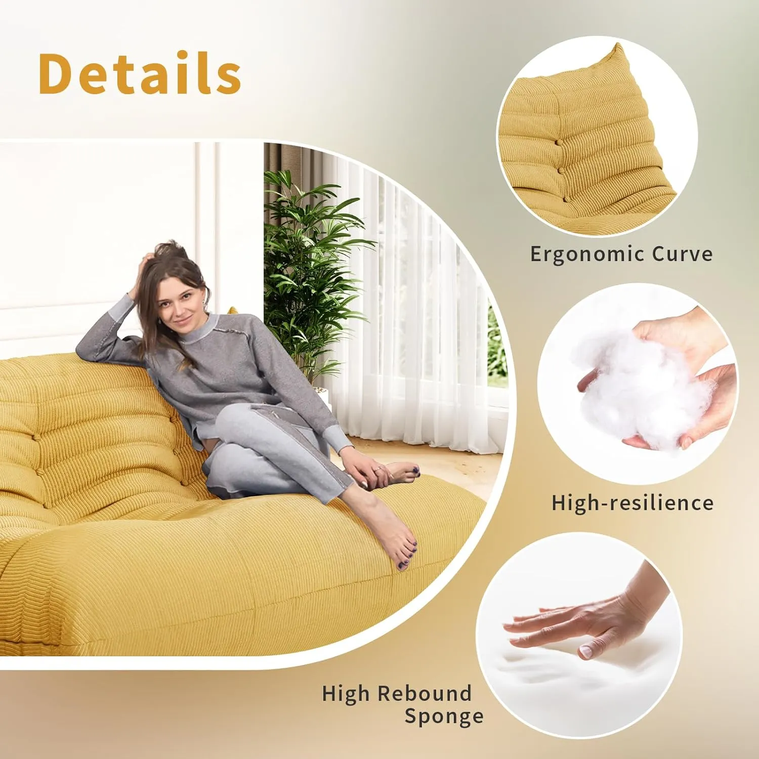 Foam Floor Lazy Couch Bean Bag Chair Sofa Fireside Lounger Couches for Adults Oversize Corduroy Cozy Chair for Home, Apartment and Gaming Venue,Yellow
