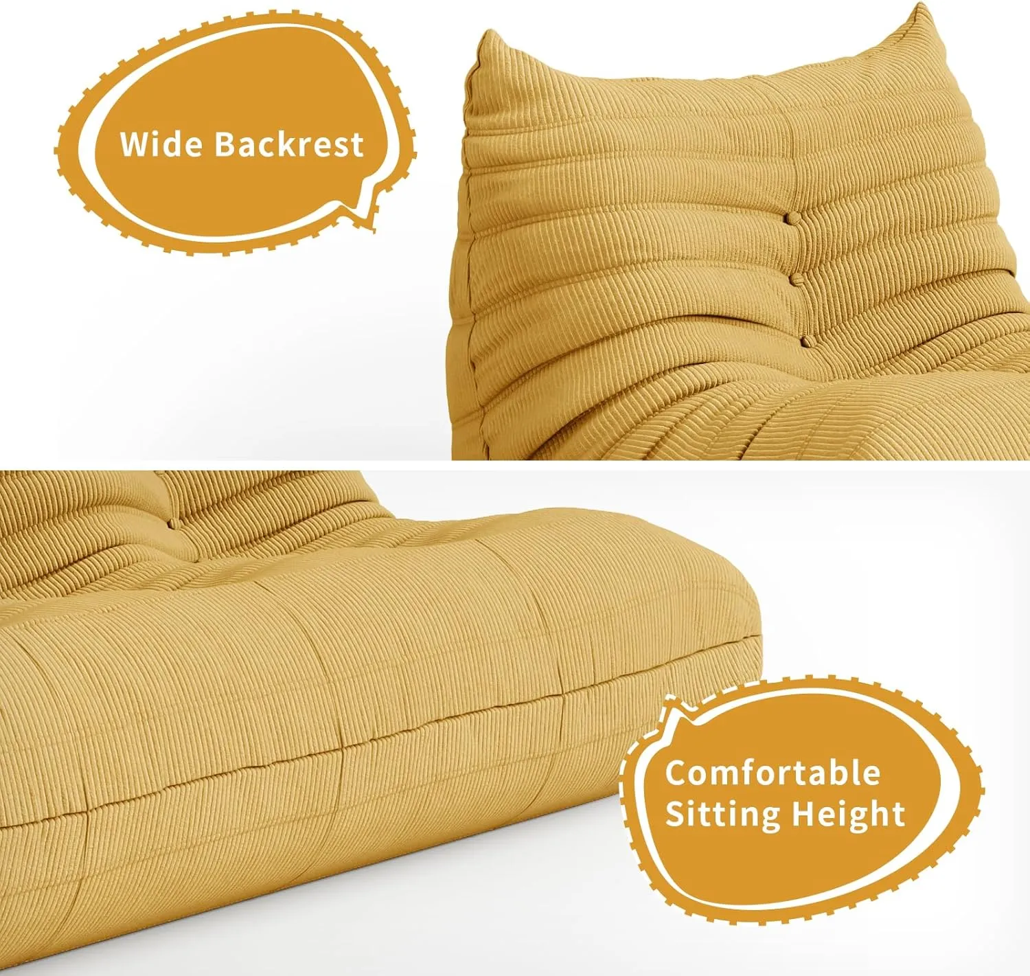 Foam Floor Lazy Couch Bean Bag Chair Sofa Fireside Lounger Couches for Adults Oversize Corduroy Cozy Chair for Home, Apartment and Gaming Venue,Yellow