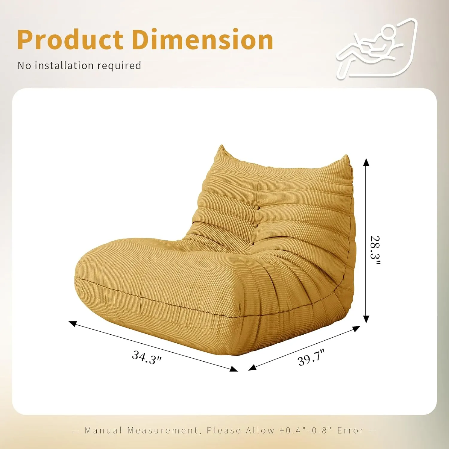Foam Floor Lazy Couch Bean Bag Chair Sofa Fireside Lounger Couches for Adults Oversize Corduroy Cozy Chair for Home, Apartment and Gaming Venue,Yellow