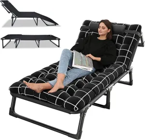 Folding Camping Cot, Adjustable 4 Position Cots for sleeping Portable Chaise Lounge Chair Oudoor Camping Bed for Adult Travelling Home Office Nap Beach Vacation Hiking - 440LBS Load Bearing (Black)