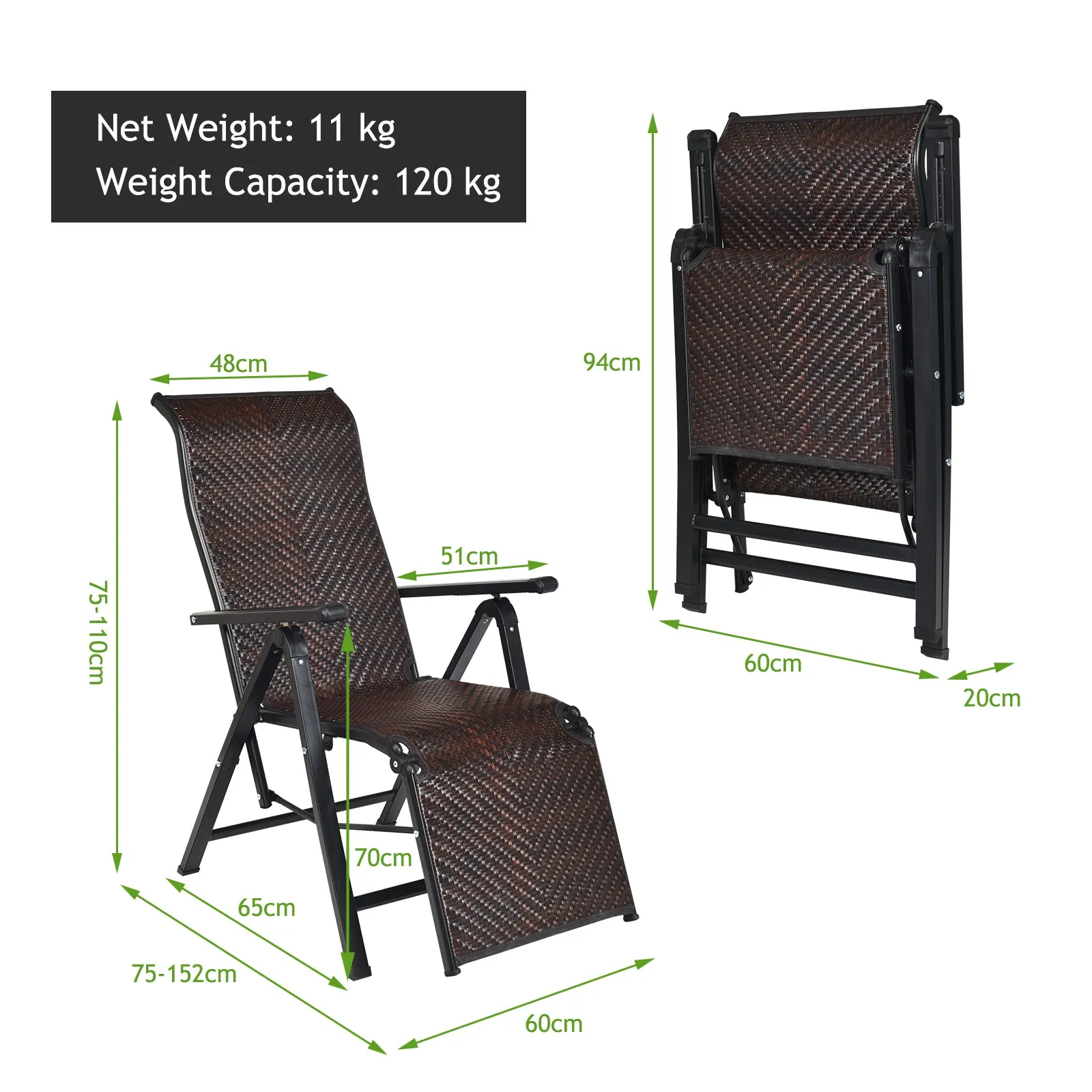 Folding Reclining Rattan Chair Portable Chaise Lounge Chair