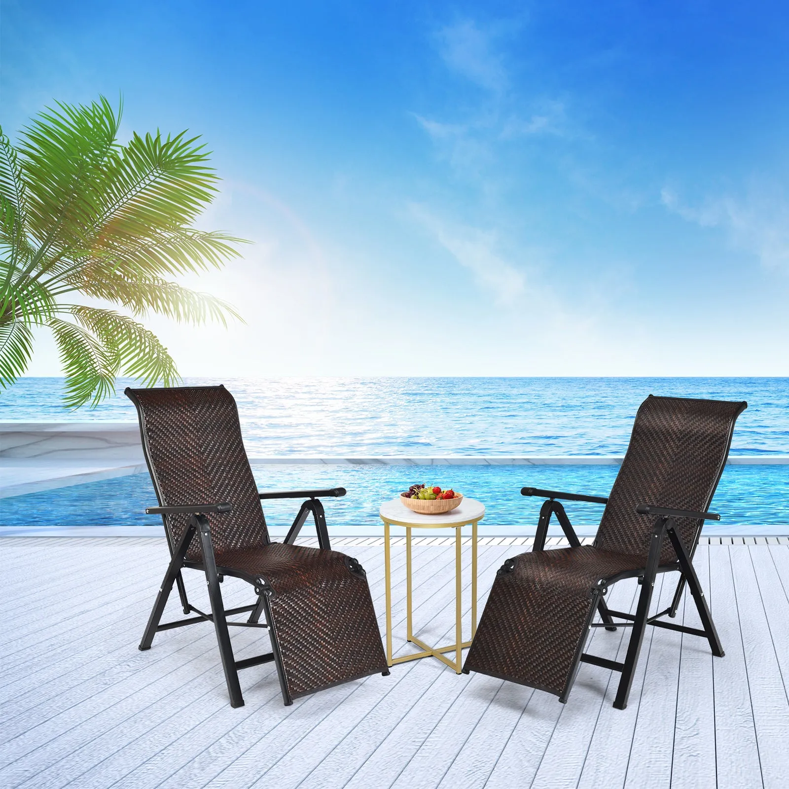 Folding Reclining Rattan Chair Portable Chaise Lounge Chair
