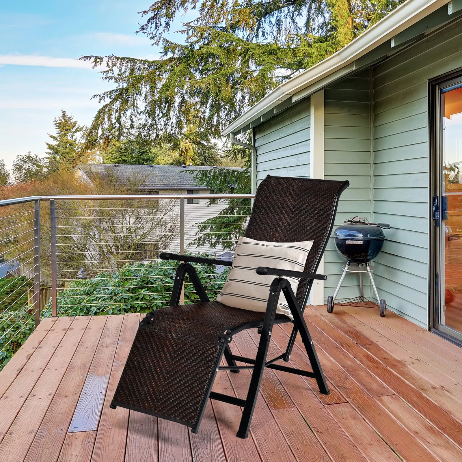 Folding Reclining Rattan Chair Portable Chaise Lounge Chair