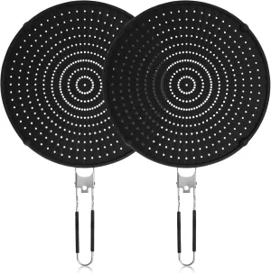 Frcctre 2 Pack Silicone Splatter Screen for Frying Pan, 13" Versatile Grease Splatter Guard with Foldable Handle, Food Grade Heat Resistant Oil Splash Guard, Cooling Mat, Drain Board for Cooking