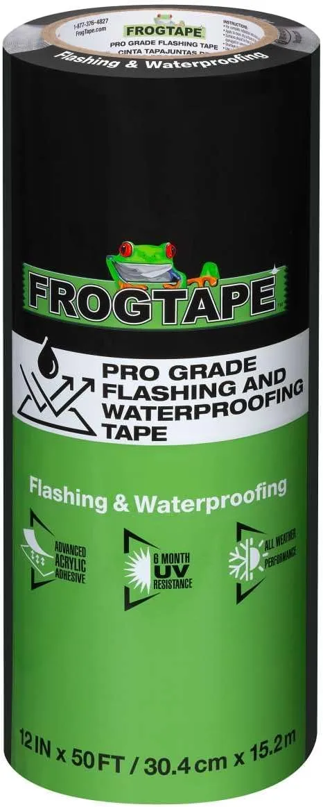 FrogTape Pro Grade Flashing Tape and Waterproofing Tape - All Weather & UV Resistant Flashing Tape with Advanced Acrylic Adhesive - 10 mils - 12 Inch Width - 50 Foot Roll - Black