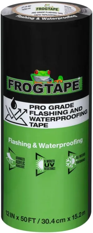 FrogTape Pro Grade Flashing Tape and Waterproofing Tape - All Weather & UV Resistant Flashing Tape with Advanced Acrylic Adhesive - 10 mils - 12 Inch Width - 50 Foot Roll - Black