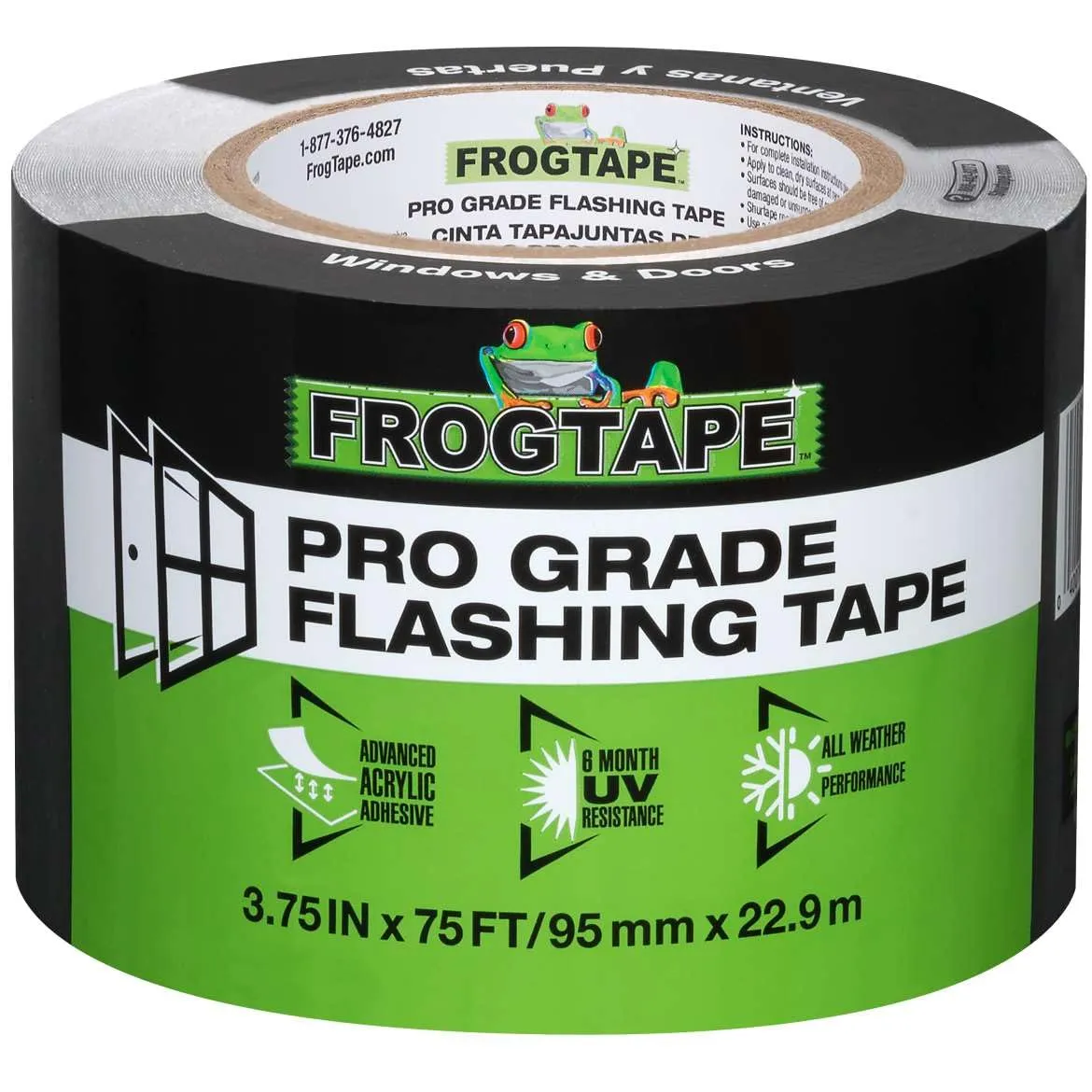 FrogTape Pro Grade Flashing Tape for Windows & Doors - All Weather & UV Resistant Flashing Tape with Advanced Acrylic Adhesive - 10 mils - 3.75 Inch Width - 75 Foot Roll - Black