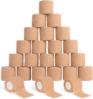 Frontline 24 Pack Self Adhesive Bandage Wrap 2" x 5 Yards Athletic Tape Vet Wrap Tattoo Supplies Coban Wrap Medical Supplies Elastic Cohesive Bandage Wrist Ankle Sports Tape (Beige)