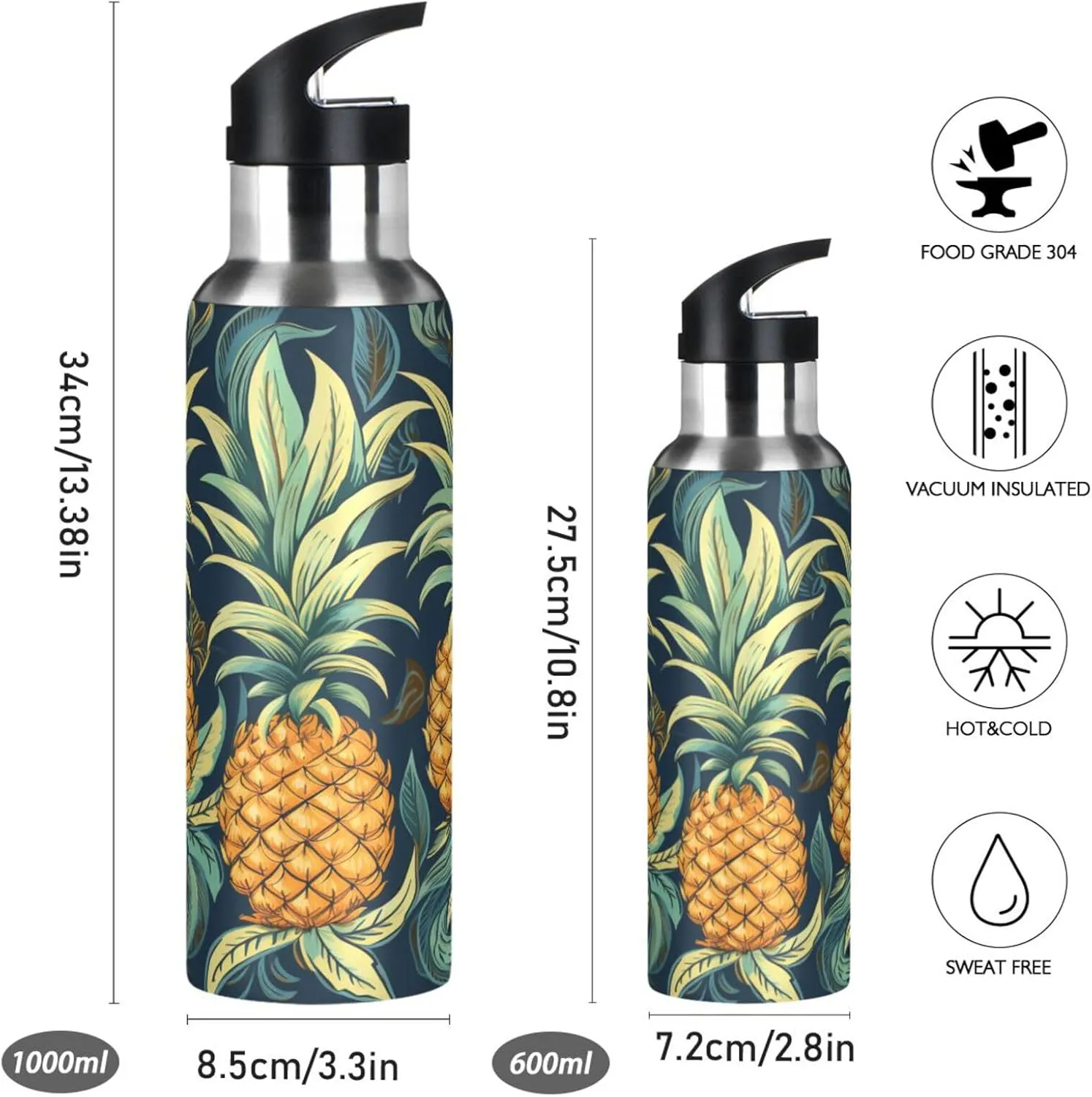 Fruit Pineapple Art Sport Water Bottle Insulated Stainless Steel Large Vacuum Flask Leak Proof Thermos with Straw for Travel(600ml/1000ml)