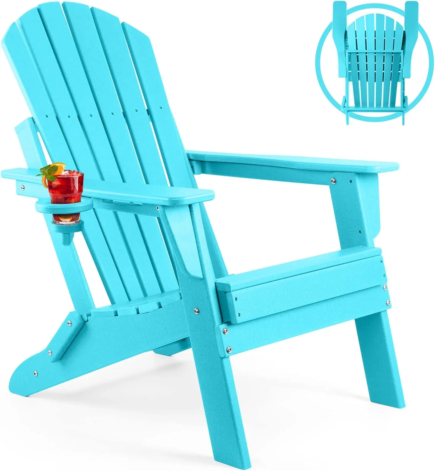 FUNBERRY Folding Adirondack Chair, All Weather HDPE Fire Pit Chairs with Cup Holder for Outdoor