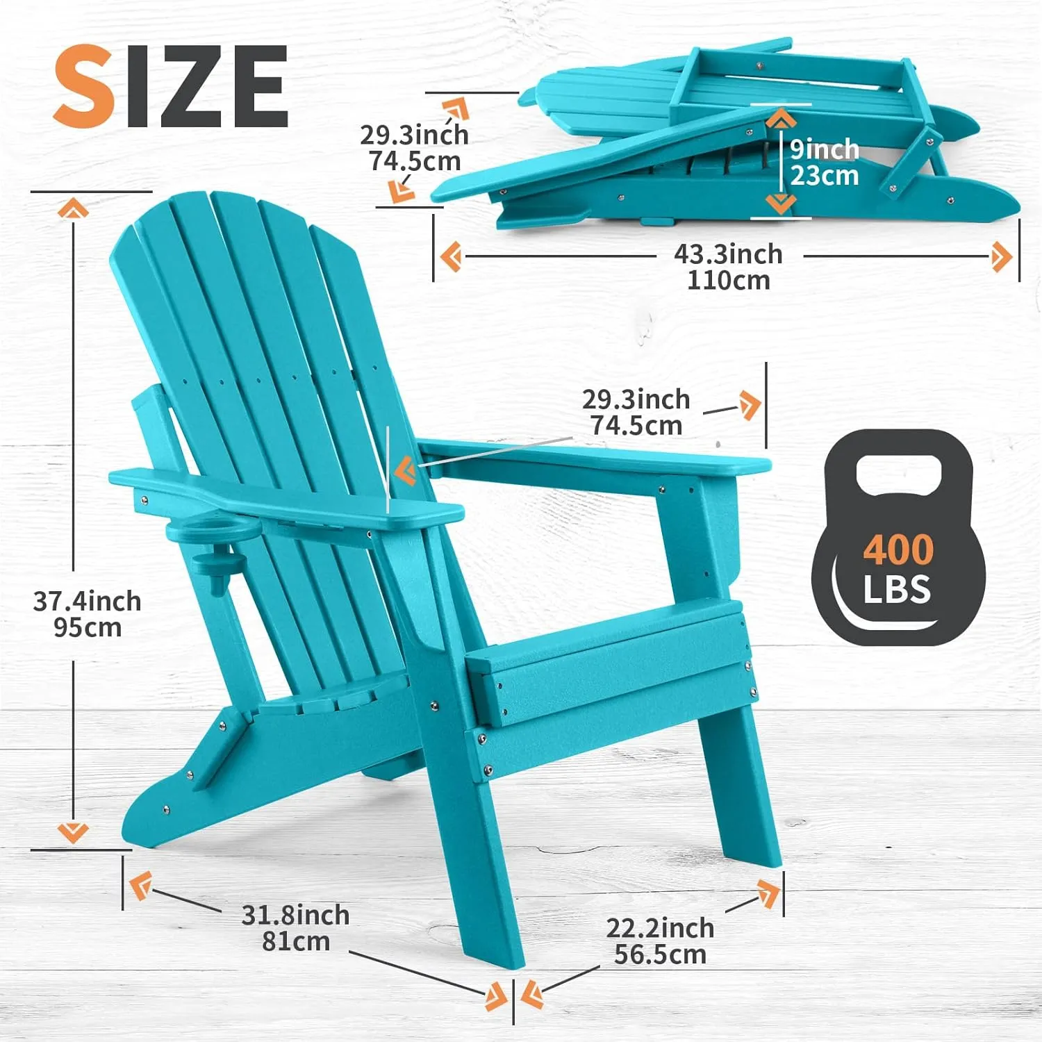 FUNBERRY Folding Adirondack Chair, All Weather HDPE Fire Pit Chairs with Cup Holder for Outdoor