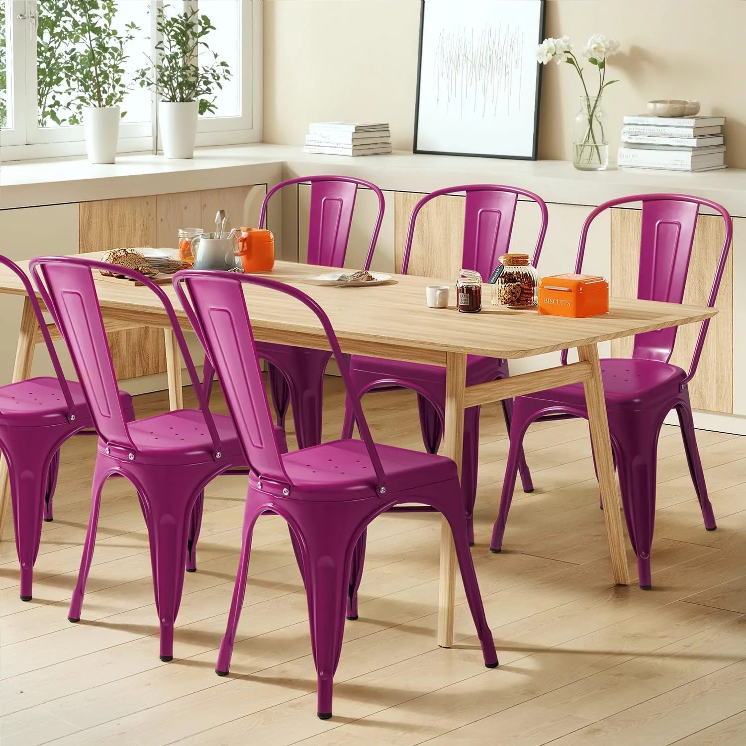 Furmax Metal Dining Chair Indoor Outdoor Use Stackable Classic Trattoria Chair Chic Dining Bistro Cafe Side Metal Chairs Set of 4 (Purple)