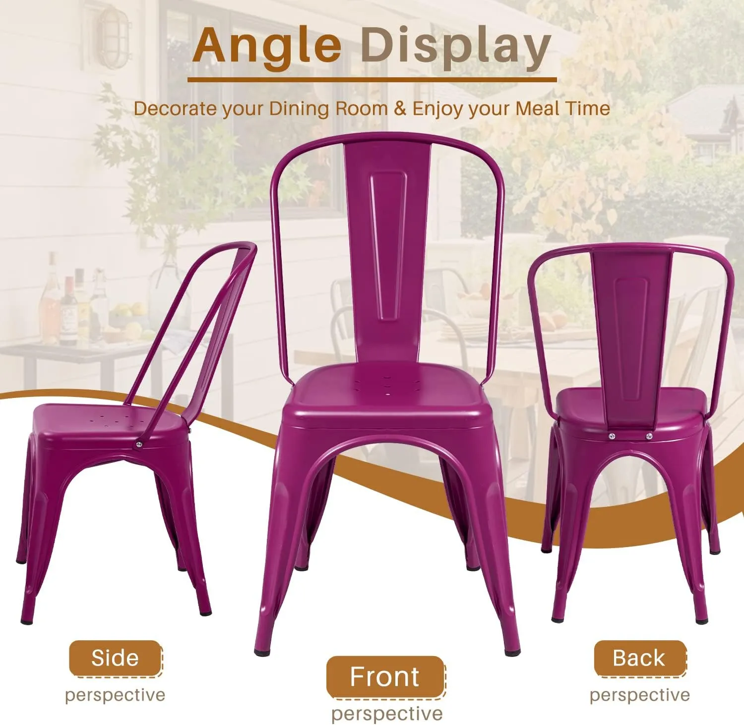 Furmax Metal Dining Chair Indoor Outdoor Use Stackable Classic Trattoria Chair Chic Dining Bistro Cafe Side Metal Chairs Set of 4 (Purple)