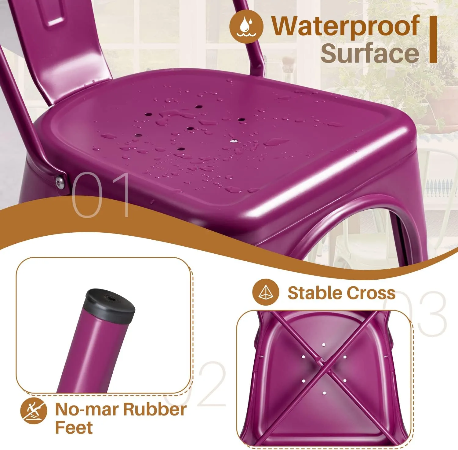 Furmax Metal Dining Chair Indoor Outdoor Use Stackable Classic Trattoria Chair Chic Dining Bistro Cafe Side Metal Chairs Set of 4 (Purple)