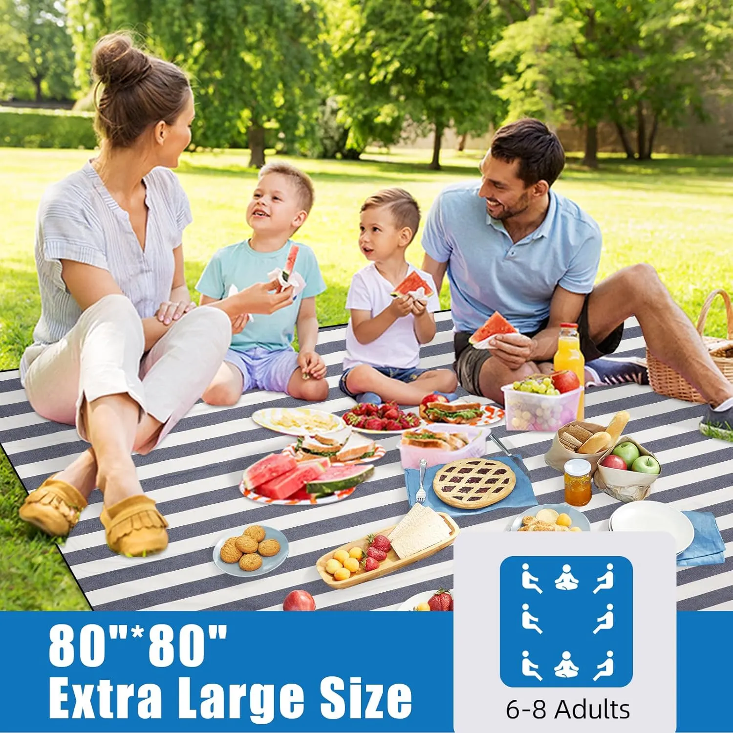 G GOOD GAIN Picnic Blankets Waterproof - 80"x80" Outdoor Blanket Extra Large Sand Free Foldable with Carry Strap for Beach, Camping, Park Grass, Hiking, Travel, Concerts, Indoor(Denim Blue)