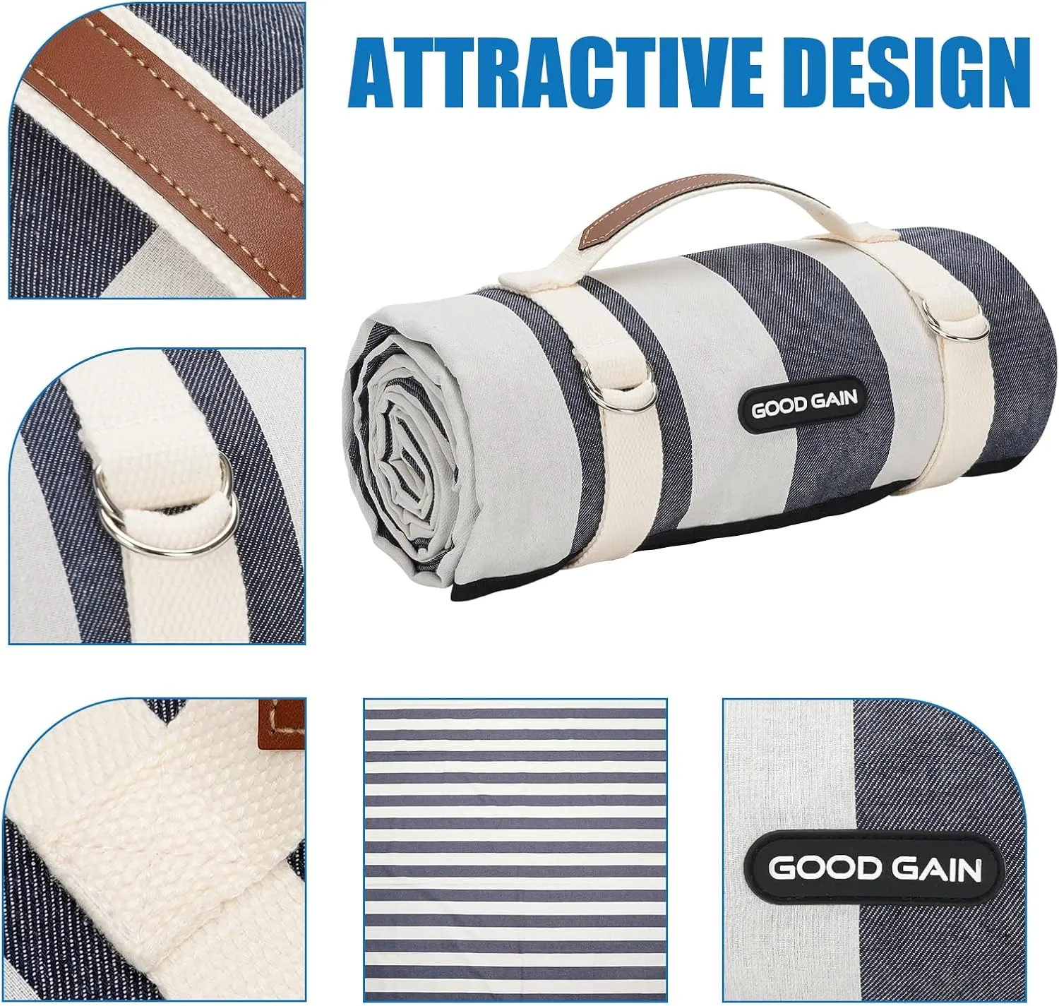 G GOOD GAIN Picnic Blankets Waterproof - 80"x80" Outdoor Blanket Extra Large Sand Free Foldable with Carry Strap for Beach, Camping, Park Grass, Hiking, Travel, Concerts, Indoor(Denim Blue)