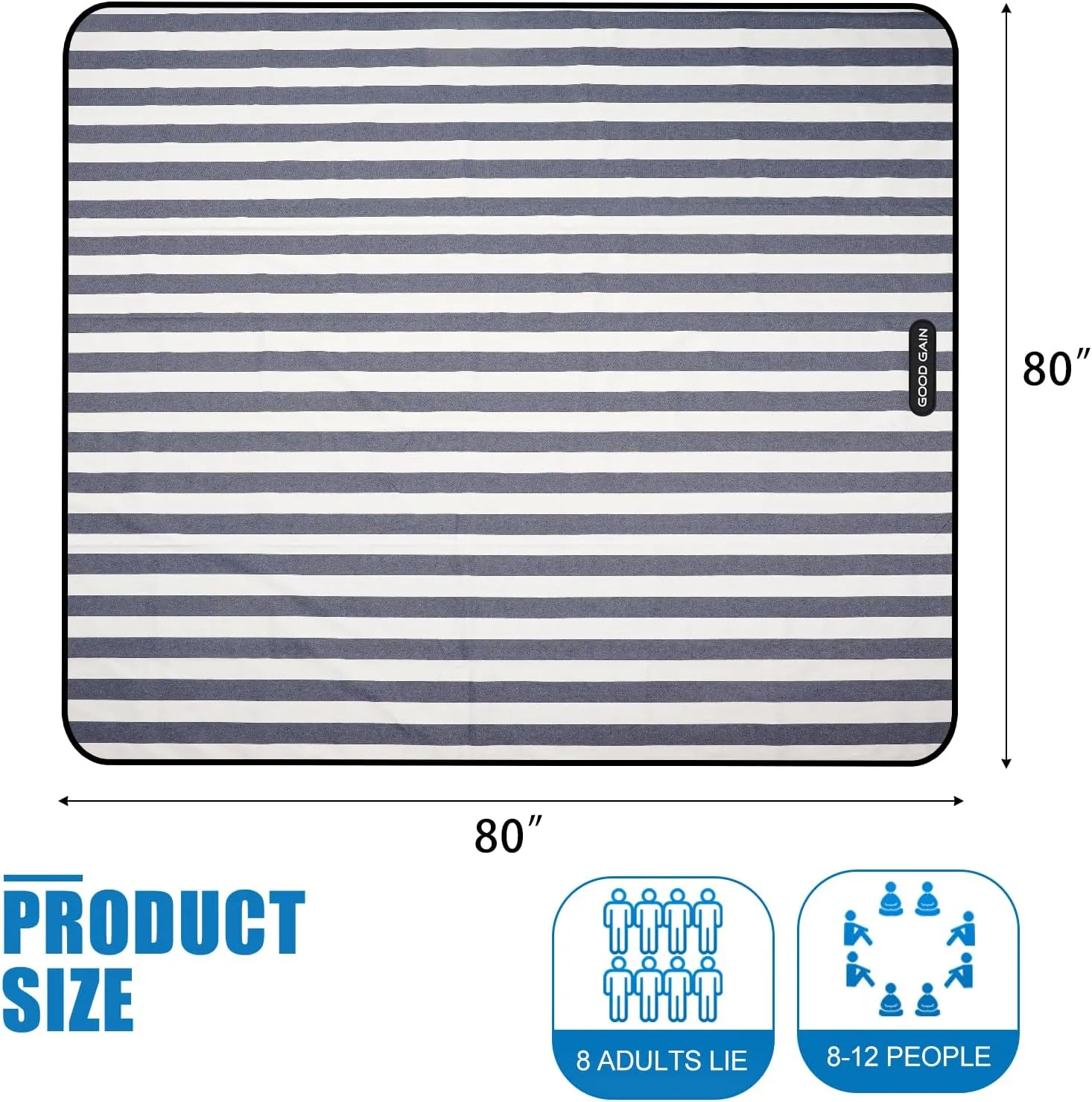 G GOOD GAIN Picnic Blankets Waterproof - 80"x80" Outdoor Blanket Extra Large Sand Free Foldable with Carry Strap for Beach, Camping, Park Grass, Hiking, Travel, Concerts, Indoor(Denim Blue)