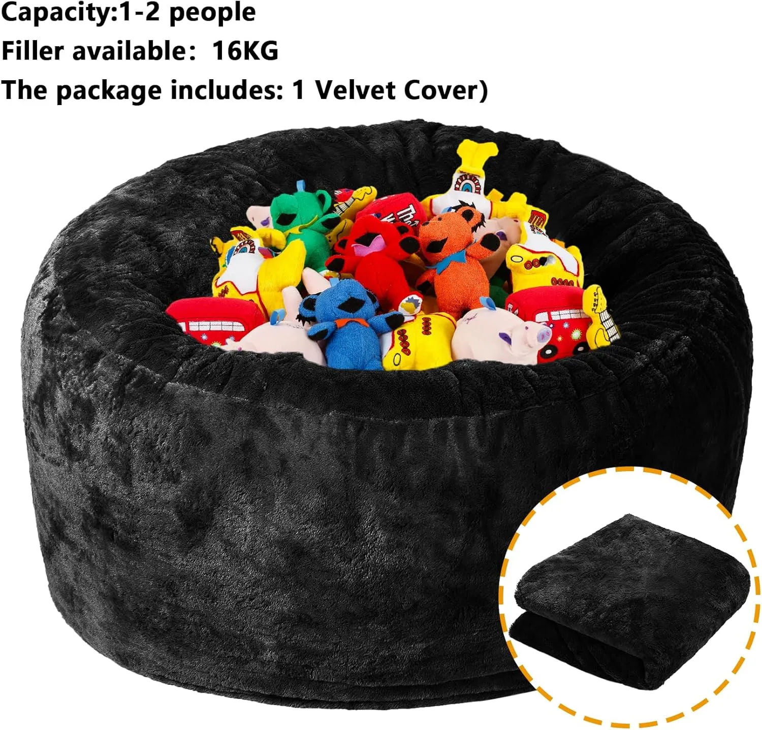 GAOMON Bean Bag Chair Cover in Black (Cover Only, No Filler) - Fits Large Bean Bag Chairs, Faux Fur Sofa, and Living Room Sofa Bed - 5ft Size in PV Fur Material
