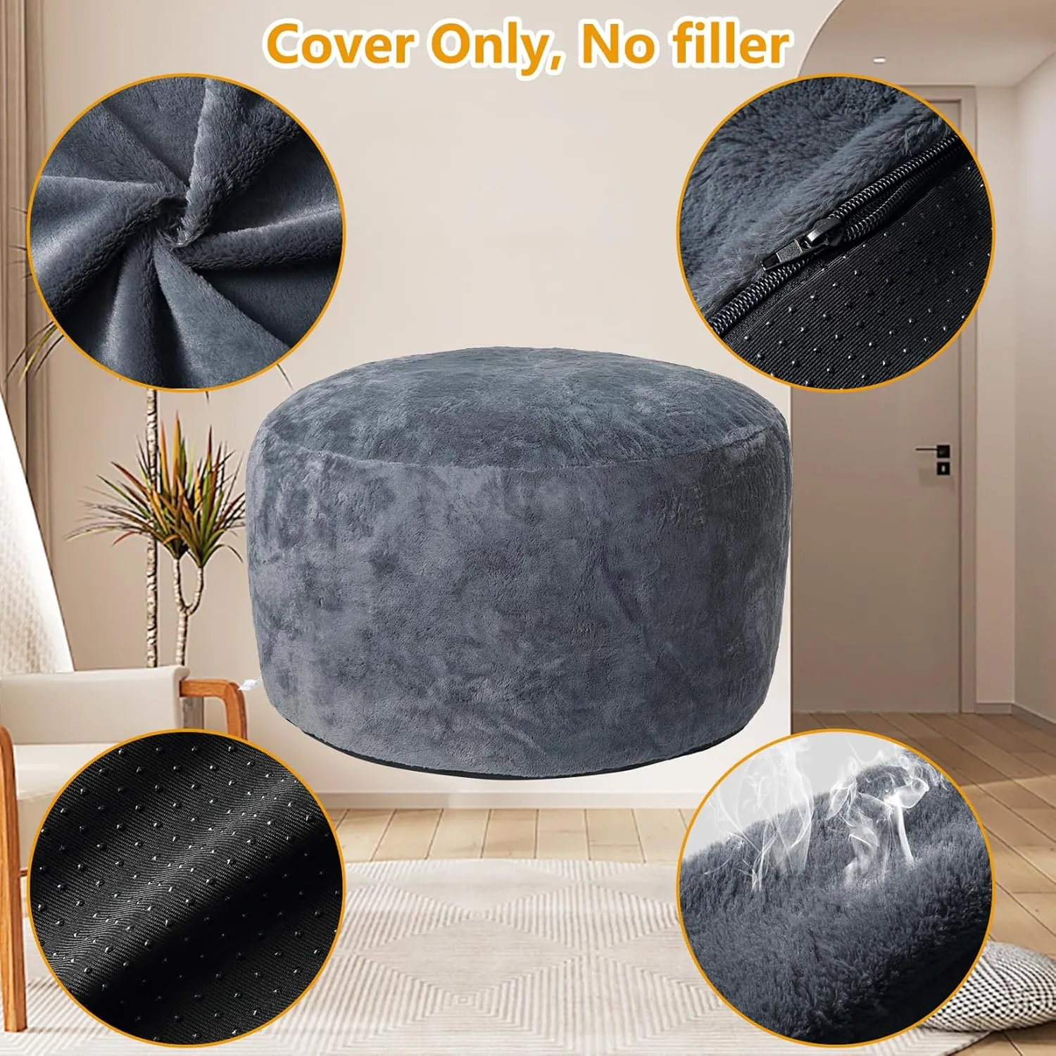 GAOMON Bean Bag Chair Cover in Dark Grey Durable and Comfortable - Fits Large Bean Bag Chairs, Faux Fur Sofa, and Living Room Sofa Bed (Cover Only, No Filler) - 5ft Size in PV Fur Material