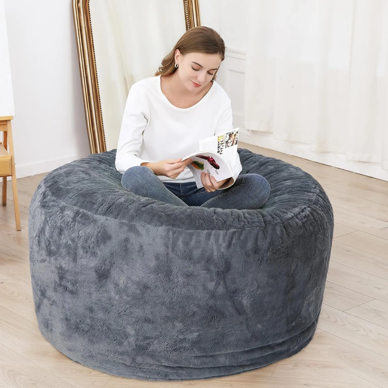 GAOMON Bean Bag Chair Cover in Dark Grey Durable and Comfortable - Fits Large Bean Bag Chairs, Faux Fur Sofa, and Living Room Sofa Bed (Cover Only, No Filler) - 5ft Size in PV Fur Material