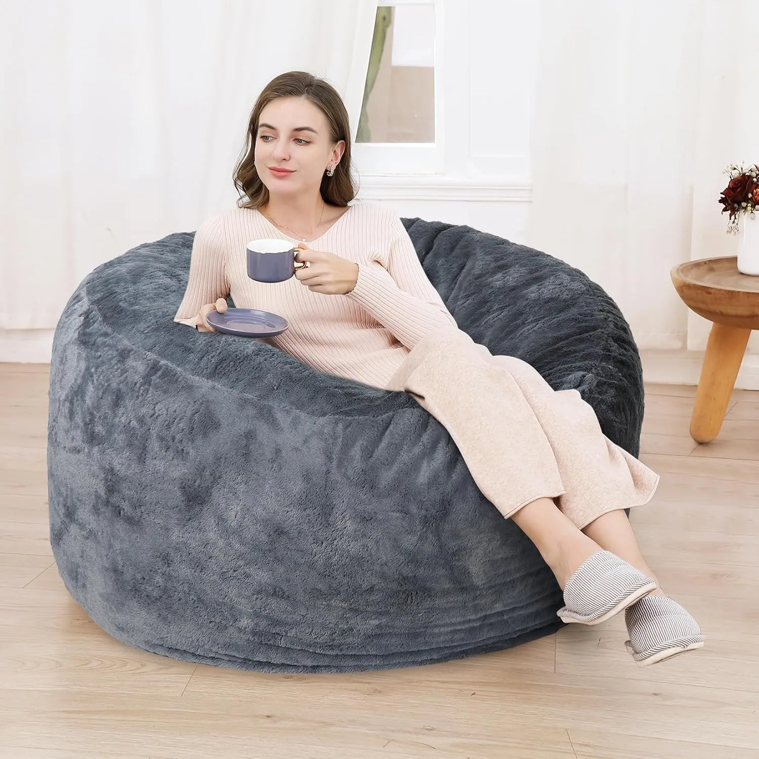 GAOMON Bean Bag Chair Cover in Dark Grey Durable and Comfortable - Fits Large Bean Bag Chairs, Faux Fur Sofa, and Living Room Sofa Bed (Cover Only, No Filler) - 5ft Size in PV Fur Material